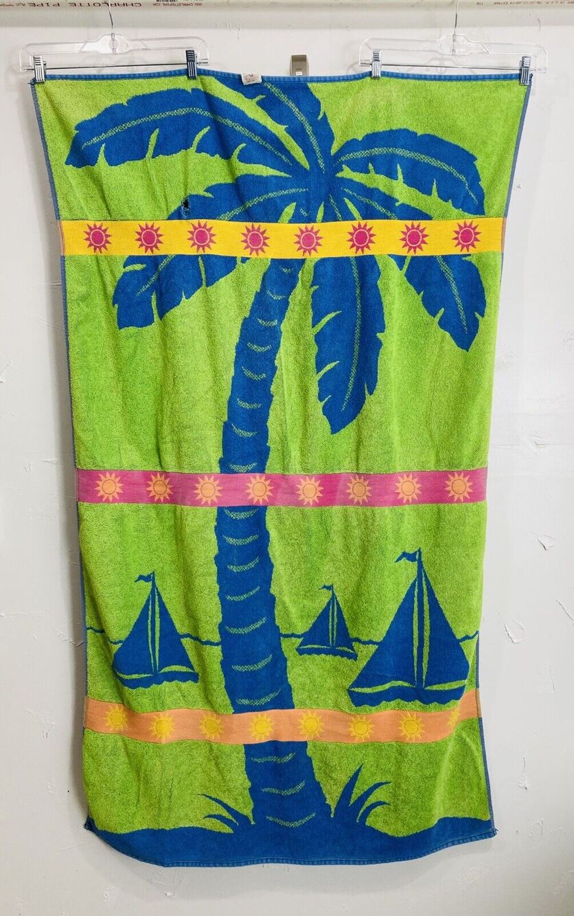 Vtg Beach Towel Palm Tree Sailboats Santens Cotton USA Large Green Blue Sunshine